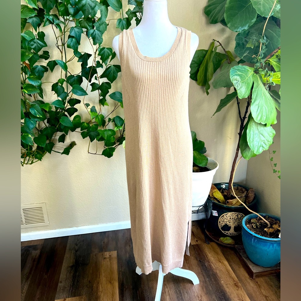 Sleeveless Ribbed Tank Dress in Beige